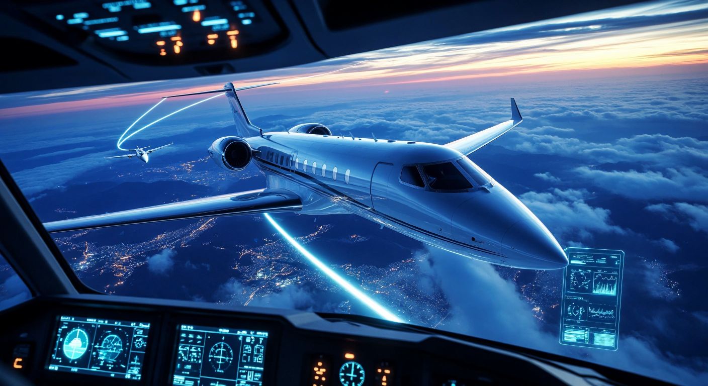 A sleek, modern airplane mid-flight with a transparent fuel line connecting to another jet, while a digital dashboard glows with real-time data in the cockpit.