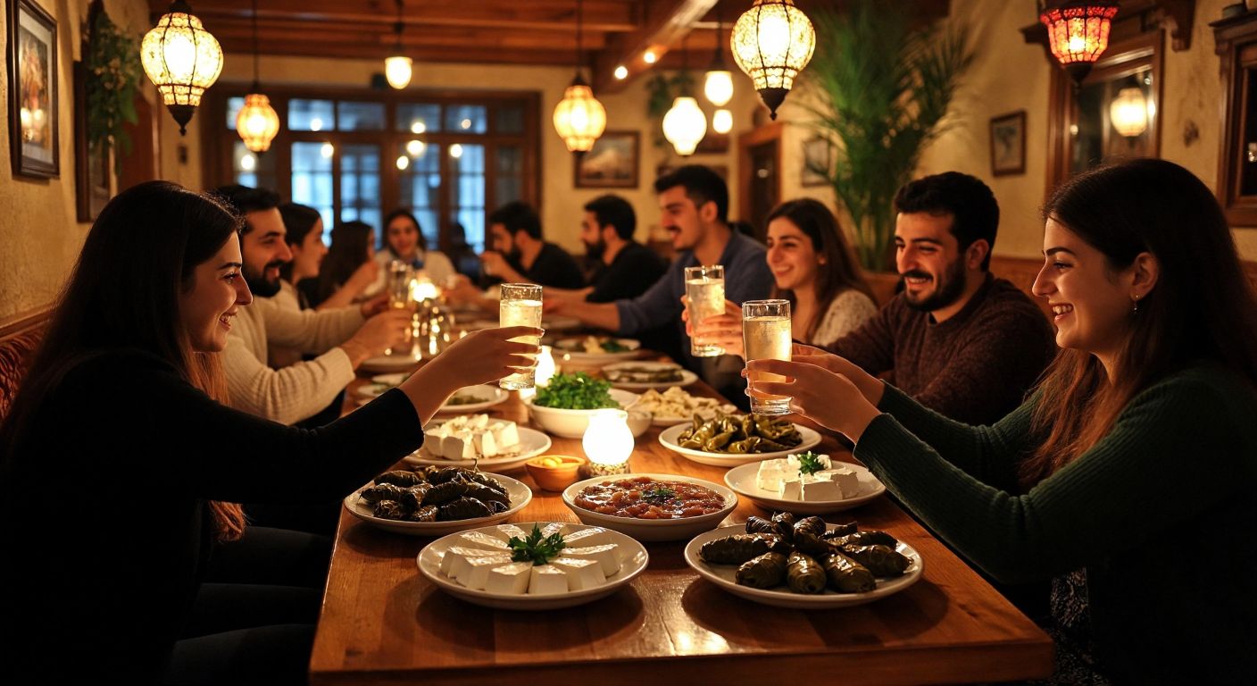 A lively Turkish meyhane with wooden tables, glowing lanterns, and patrons clinking glasses of rakı alongside plates of meze like beyaz peynir and stuffed grape leaves.