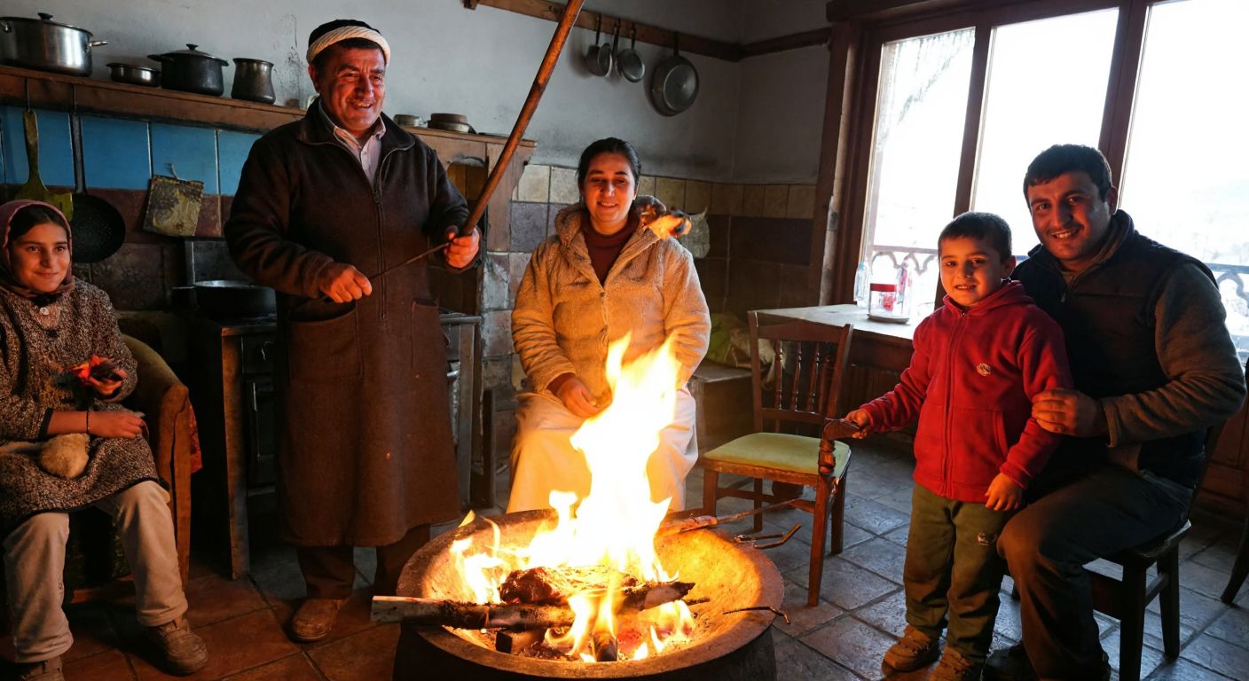 A rustic Erzurum kitchen with a family grilling skewered lamb over an open fire, their faces glowing with pride and warmth.