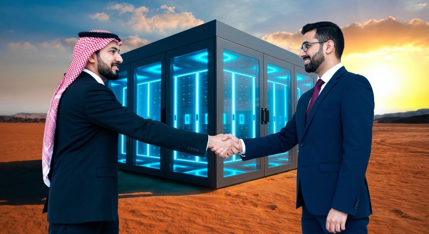 A futuristic data center with glowing blue lights in a desert landscape, flanked by two businesspeople in modern suits shaking hands, symbolizing Amazon's AI investment in Saudi Arabia.