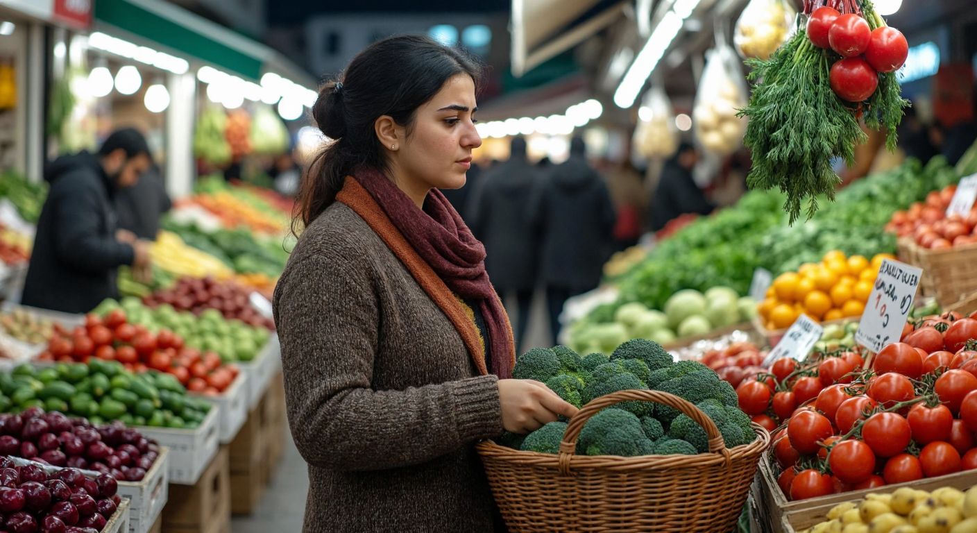 A thoughtful Turkish shopper carefully selecting fresh produce at a bustling local market, balancing a basket of goods while comparing prices with a focused expression.