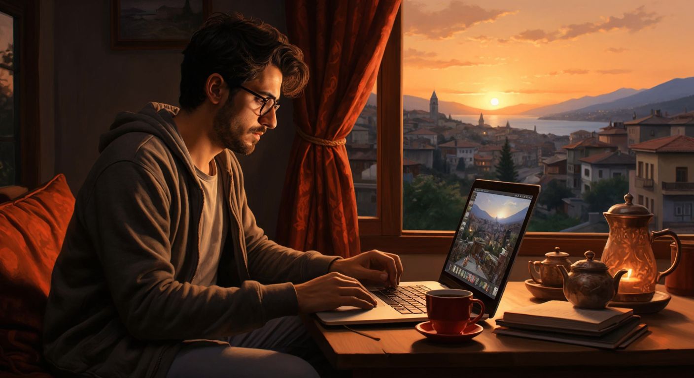 A focused adult in casual attire watches an educational video on a laptop in a cozy Turkish home, with a steaming cup of çay and notebook nearby.