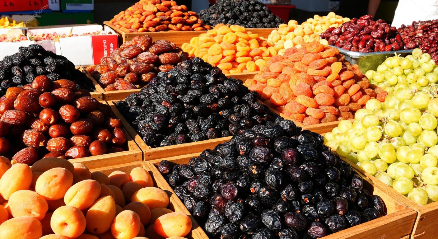 A vibrant display of dried fruits like dates, apricots, and grapes arranged neatly in wooden crates at a Turkish market stall, with warm sunlight highlighting their rich colors and textures.