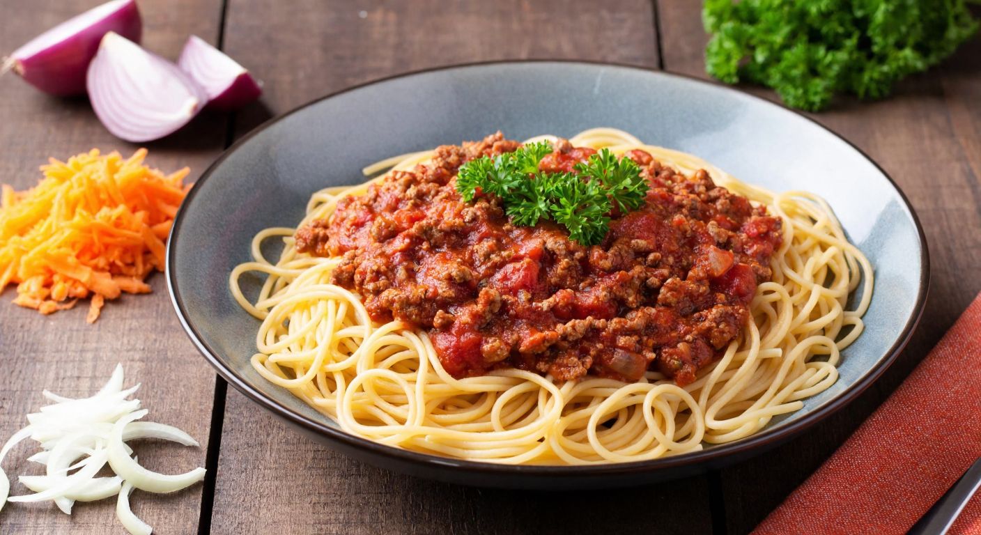 A steaming plate of spaghetti topped with minced meat sauce, garnished with fresh parsley, placed on a rustic wooden table with chopped onions, grated carrots, and diced tomatoes nearby.