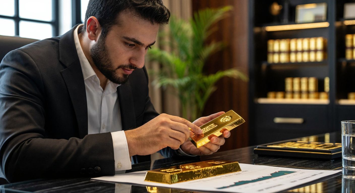 A Turkish investor in a modern office setting carefully examines a gleaming gold bar resting on a financial chart, symbolizing the connection between physical gold and investment opportunities.
