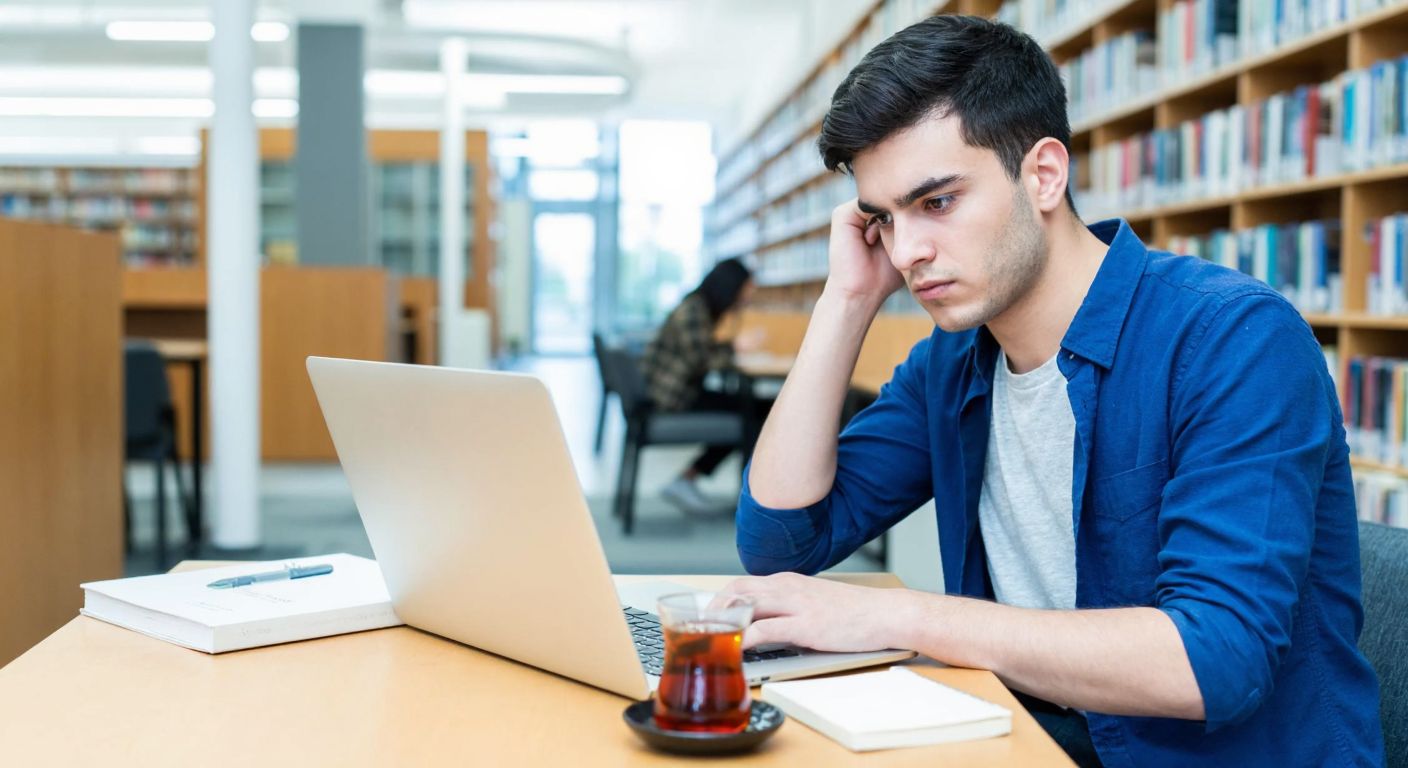 A young student in a modern Turkish university library, looking slightly confused while browsing a laptop screen, with a cup of Turkish tea and a notebook nearby.