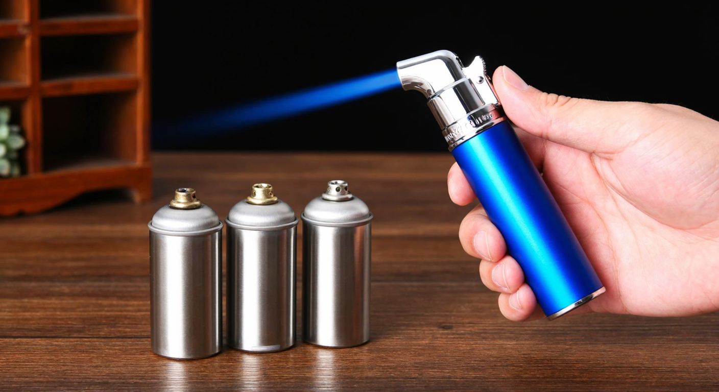 A hand holding a sleek blue torch lighter with three small silver gas canisters neatly arranged beside it on a wooden table, evoking a sense of practicality and readiness for use.
