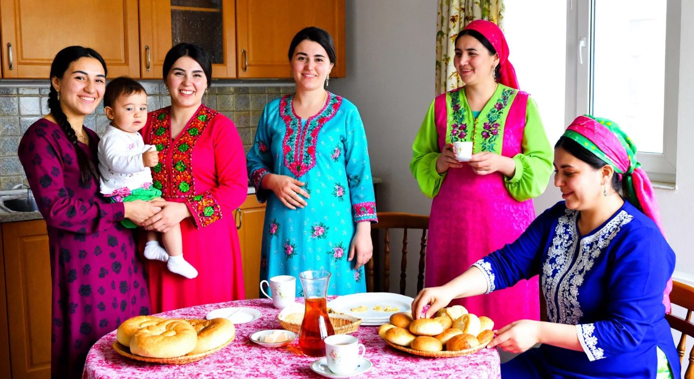 A group of Uzbek women in colorful traditional dresses smiling while working in a Turkish home, with one holding a child and another arranging fresh bread and tea on a table.
