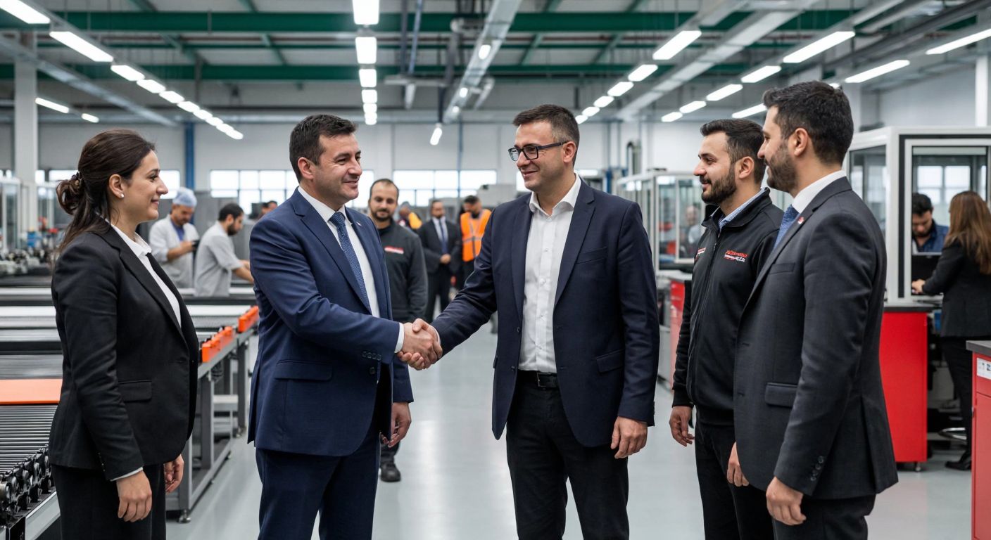 A group of European officials in formal attire shaking hands in a modern office, while in the background, Turkish factory workers operate machinery producing metal saws and automotive radiators.