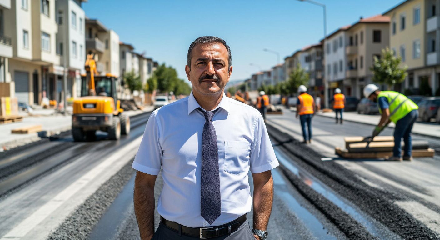A middle-aged Turkish man in a formal shirt and tie stands confidently on a freshly paved urban street, overseeing workers laying asphalt and constructing sidewalks under a bright sun.