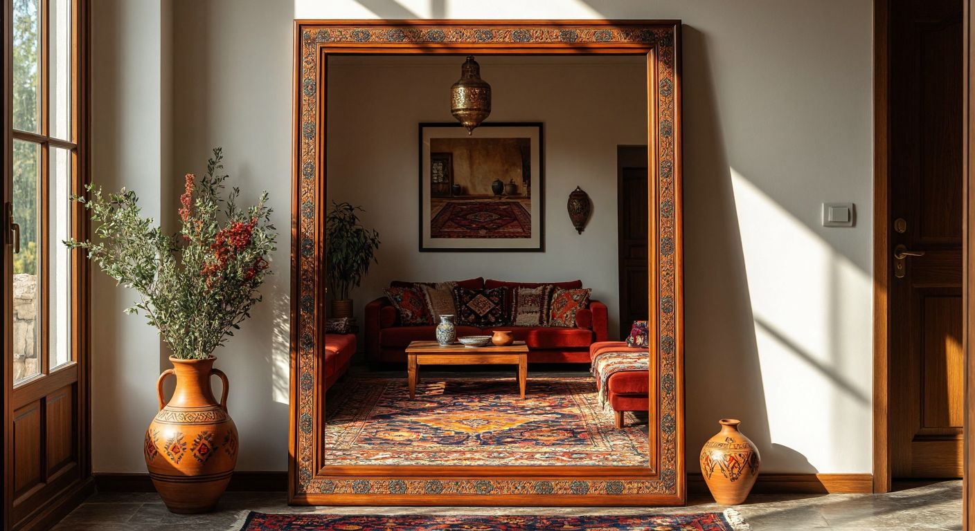 A sleek, ornate Paşabahçe mirror with a polished wooden frame reflects a sunlit Turkish living room adorned with traditional kilim rugs and ceramic vases.