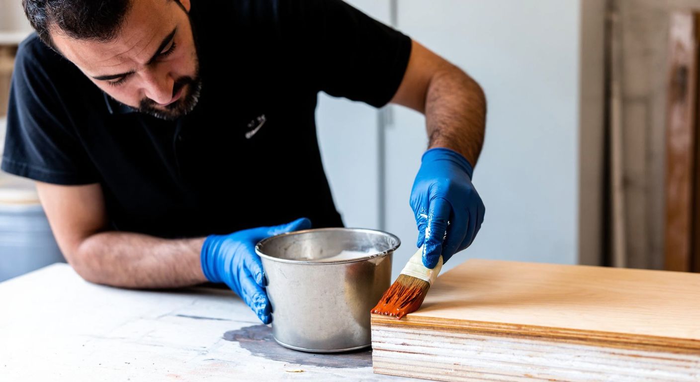 A Turkish craftsman in a workshop carefully mixing paint with a hardener in a metal container, applying it to a plywood edge with a brush while wearing protective gloves.