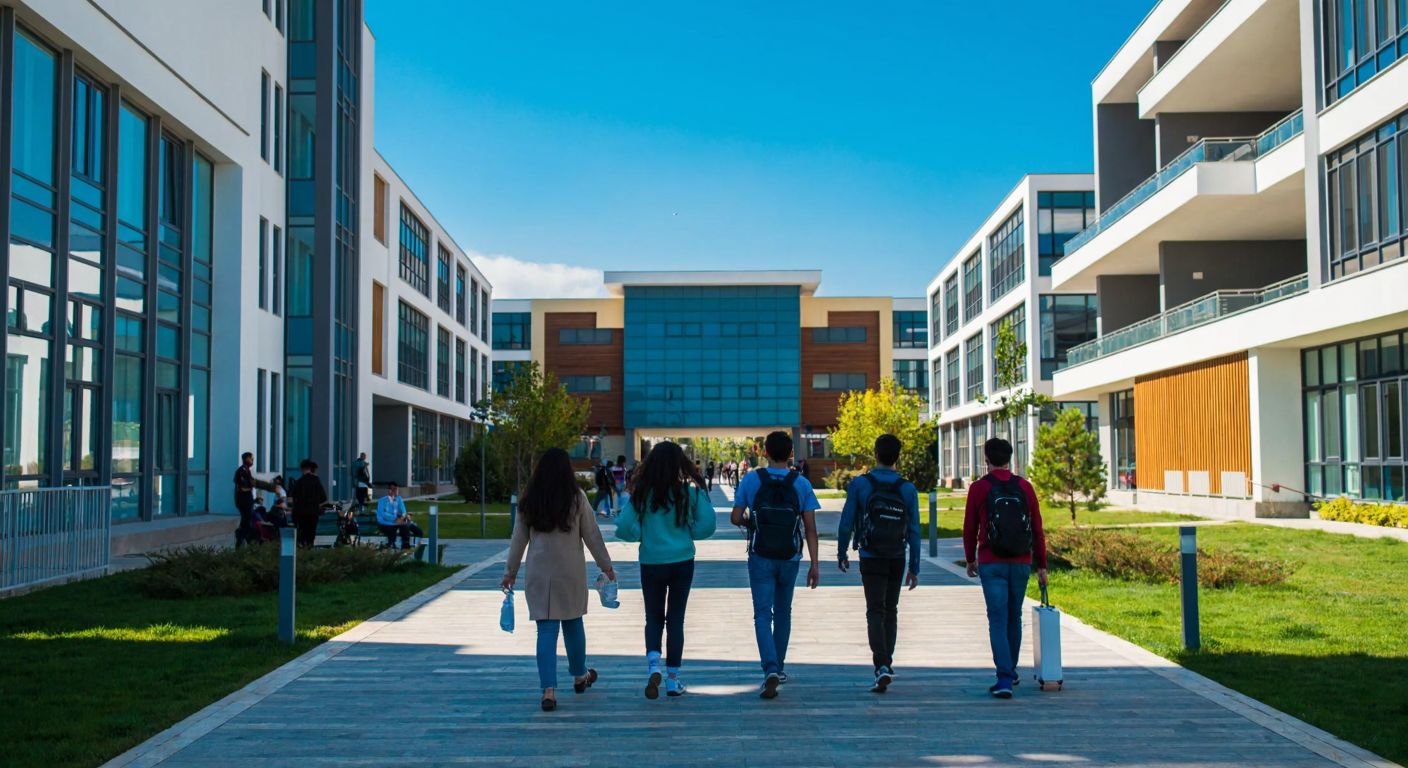A modern university campus in Sakarya, Turkey, with diverse students walking between faculty buildings, holding books and lab equipment, under a bright blue sky.