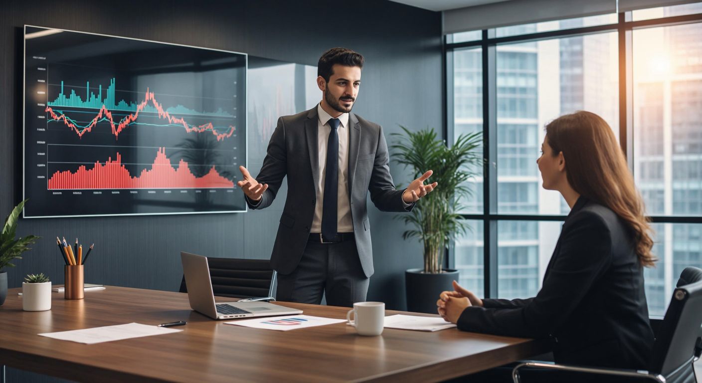 A Turkish financial advisor in a sleek office gestures toward a dynamic graph with shifting bars and lines, symbolizing the flexible asset allocation of a variable fund, while a client listens attentively.