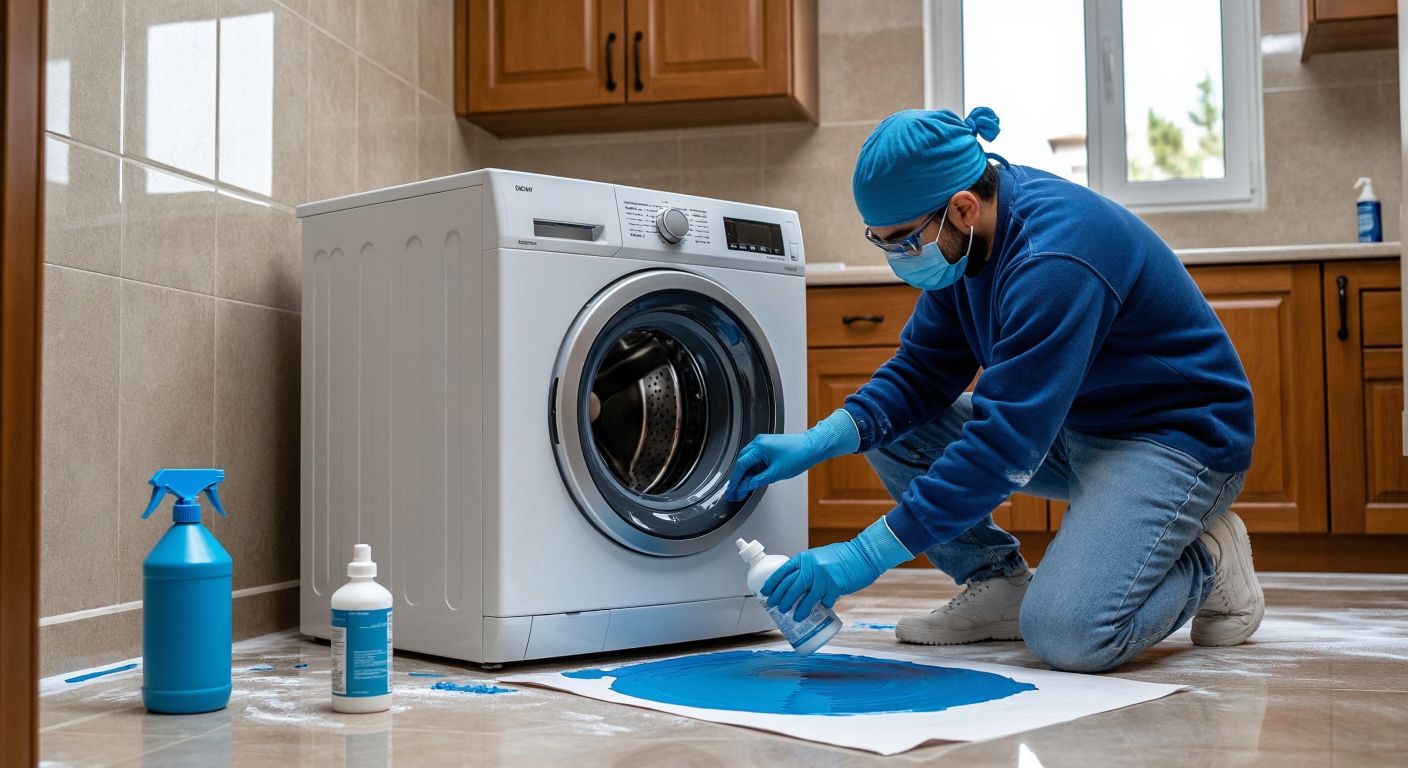 A person in a well-ventilated Turkish home wearing gloves and a mask carefully spray-painting a white washing machine with a bright blue epoxy spray can, surrounded by sandpaper, primer, and a clear varnish bottle on a covered floor.