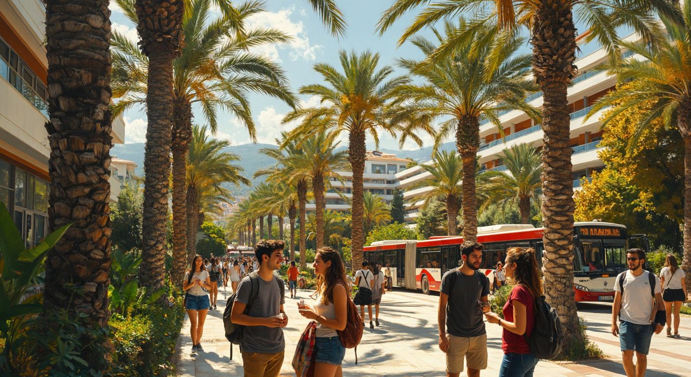 A sunlit modern university campus in Alanya with students chatting under palm trees, a mix of hopeful and frustrated expressions, and a crowded bus in the background.