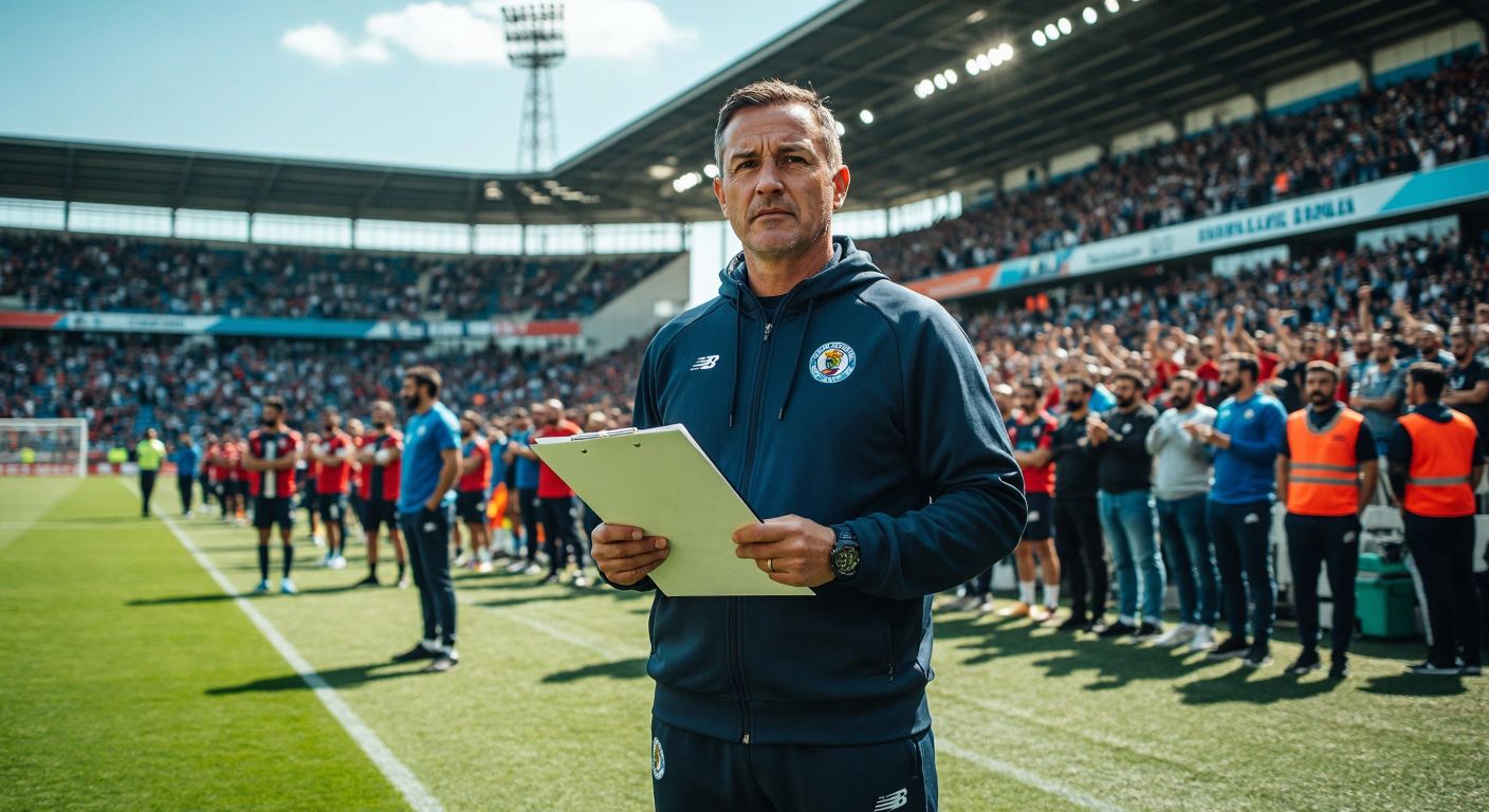 A confident middle-aged football coach in a Blackburn Rovers tracksuit stands on a sunny Turkish stadium pitch, holding a clipboard while fans cheer in the background.