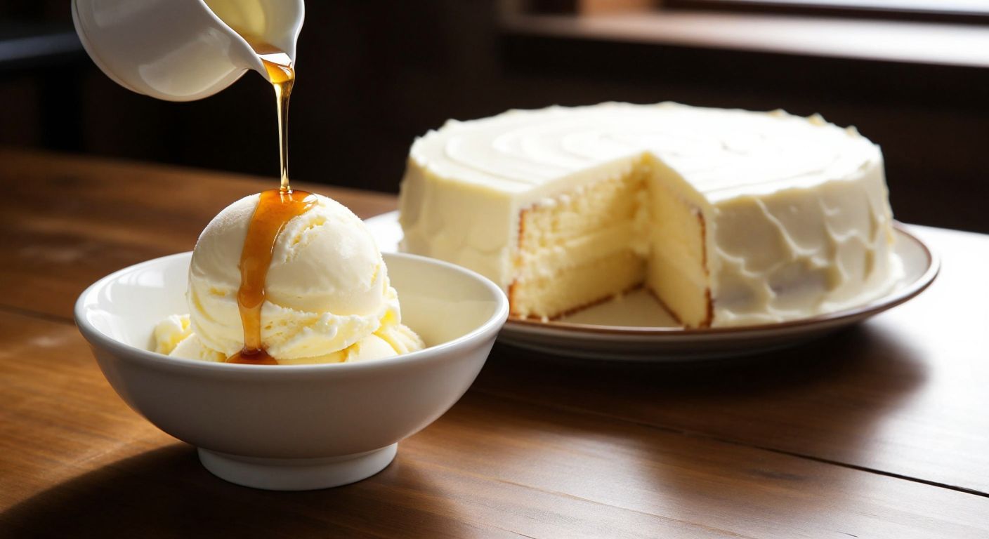 A warm Turkish kitchen with a bowl of creamy vanilla ice cream drizzled with syrup next to a simple, unadorned white cake, evoking both the flavor and metaphorical plainness of vanilla.