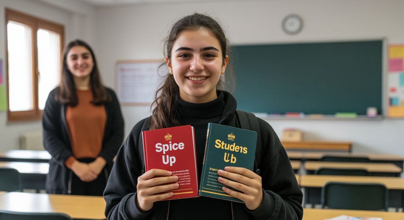 A Turkish high school student in a classroom holds two English textbooks—one labeled "Spice Up" (MEB) and the other "Students Book" (Yıldırım)—while a teacher smiles approvingly in the background.
