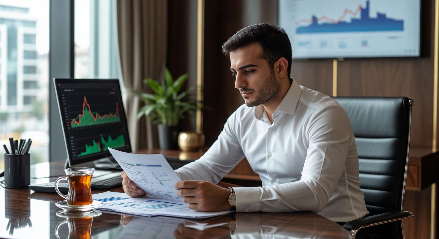 A Turkish investor in a crisp white shirt and dark trousers sits at a polished wooden desk in a modern Istanbul office, calmly reviewing financial documents with a cup of steaming çay beside him, while a bar chart with gentle upward trends glows subtly on a monitor in the background.