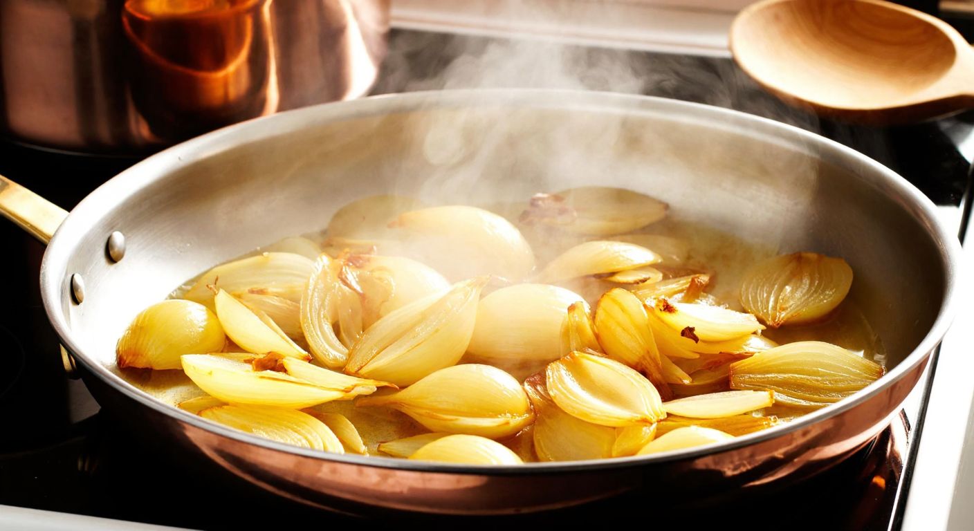 A close-up of golden-brown onions sizzling in a copper pan, releasing aromatic steam, with a warm kitchen backdrop and a wooden spoon resting nearby.