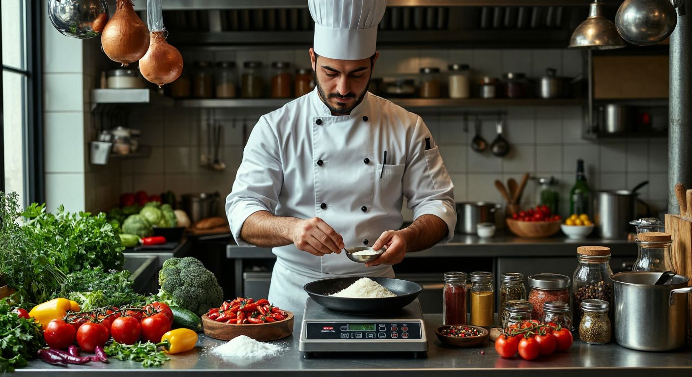 A Turkish chef in a bustling restaurant kitchen carefully measures ingredients on a scale while a clipboard with a detailed recipe rests nearby, surrounded by fresh vegetables, spices, and neatly arranged kitchen tools.