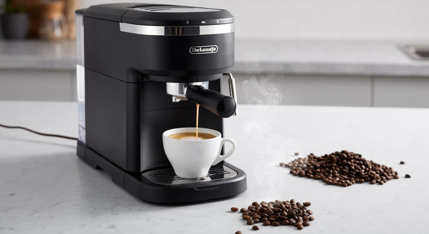 A sleek black De'Longhi espresso machine sits on a marble countertop, steam rising from its spout as it pours a rich, creamy latte into a white ceramic cup, with freshly ground coffee beans scattered nearby.