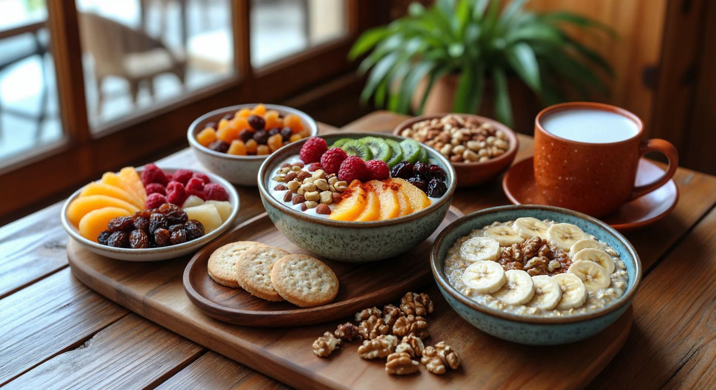 A vibrant wooden table in a sunlit Turkish kitchen displays a colorful spread of healthy snacks: a bowl of yogurt topped with fresh seasonal fruits and a sprinkle of spices, a small plate of mixed nuts and dried fruits, a steaming cup of unsweetened milk coffee beside two plain biscuits, and a rustic bowl of oatmeal garnished with sliced bananas and walnuts.