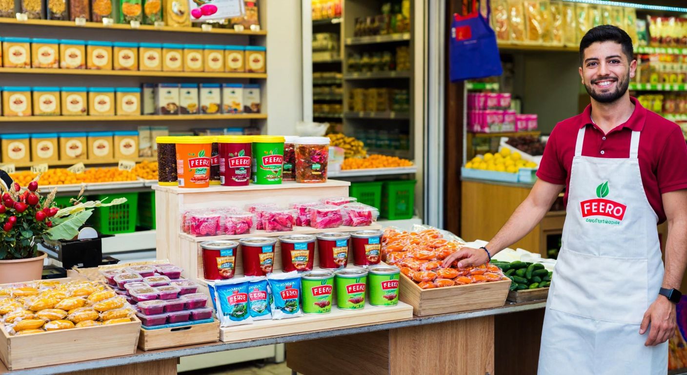 A colorful, neatly arranged display of Fiero brand packaged food products on a wooden table in a Turkish market, with a smiling vendor in an apron standing proudly beside them.