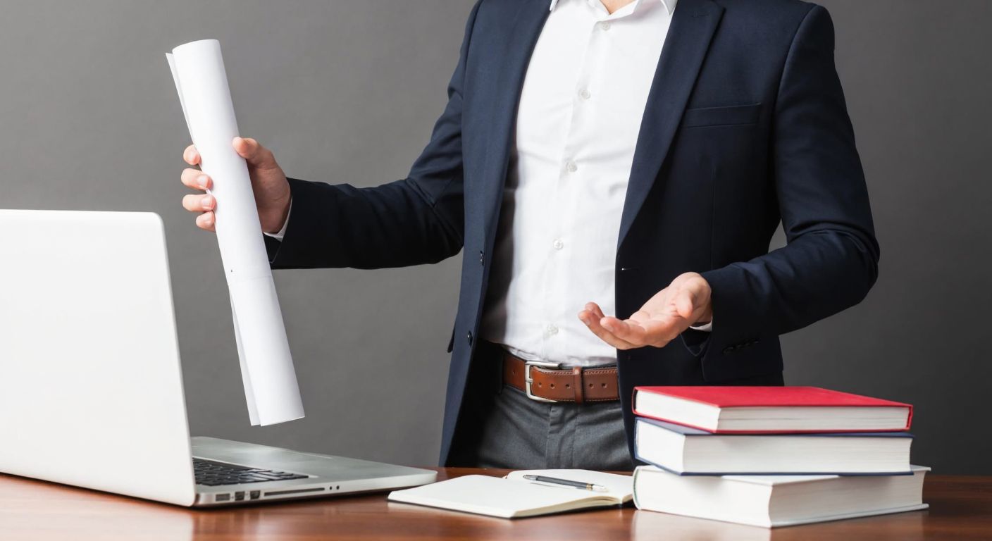 A confident Turkish professional in a business suit holds a rolled-up certificate in one hand while gesturing toward a stack of books and a laptop on a wooden desk, symbolizing education and practical knowledge in human resources.