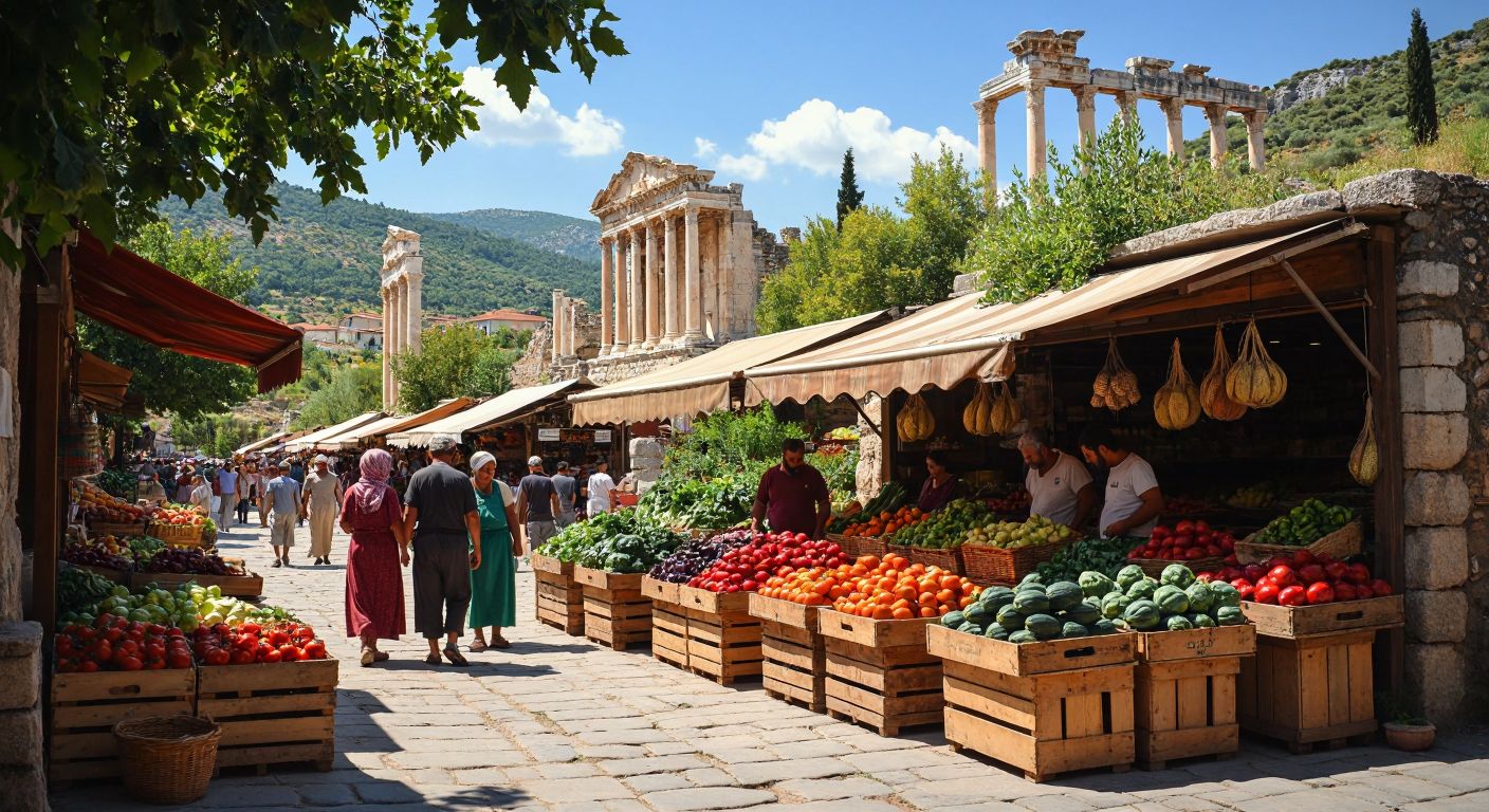 A sunlit marketplace in Selçuk, İzmir, with farmers proudly displaying fresh produce on wooden crates near the ancient ruins of Ephesus, while a group of locals and tourists gather around a cooperative stall.