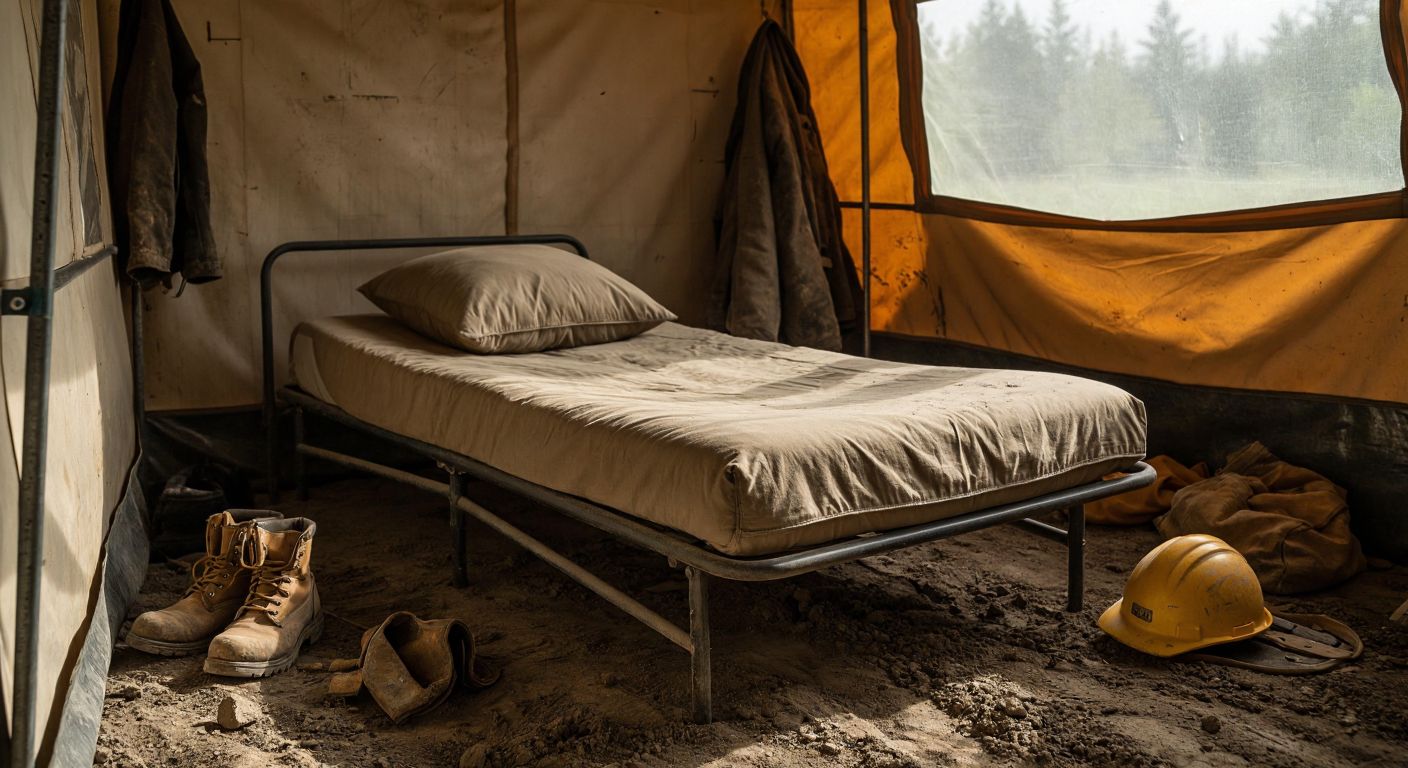A rugged, rectangular construction-site pillow with a sturdy cotton cover lies on a simple metal-framed cot inside a temporary worker's shelter, surrounded by dusty work boots and a hard hat.