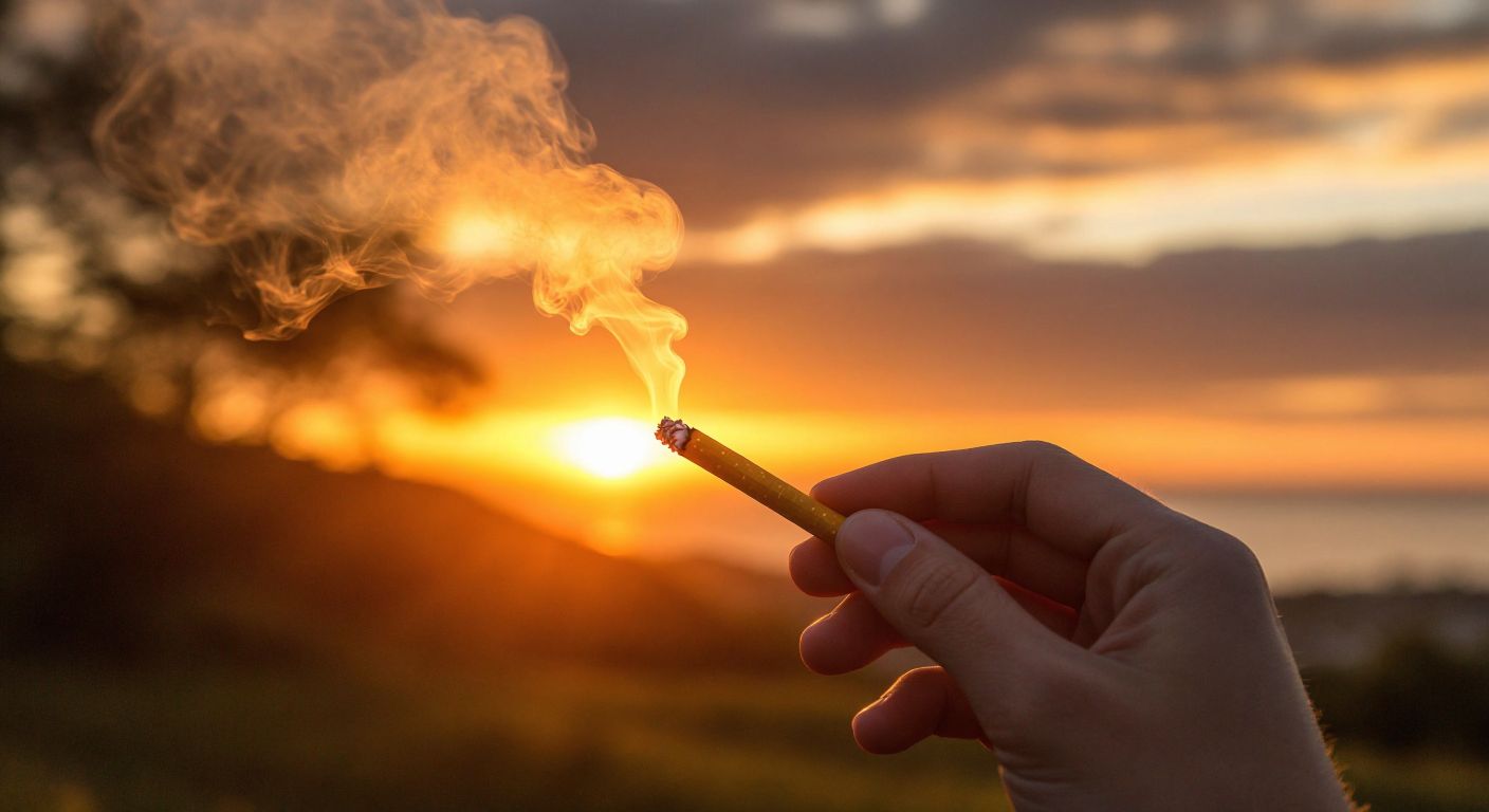 A hand holding a slender cigarette with a golden filter, wisps of sweet mango-scented smoke curling into the air against a warm sunset backdrop.