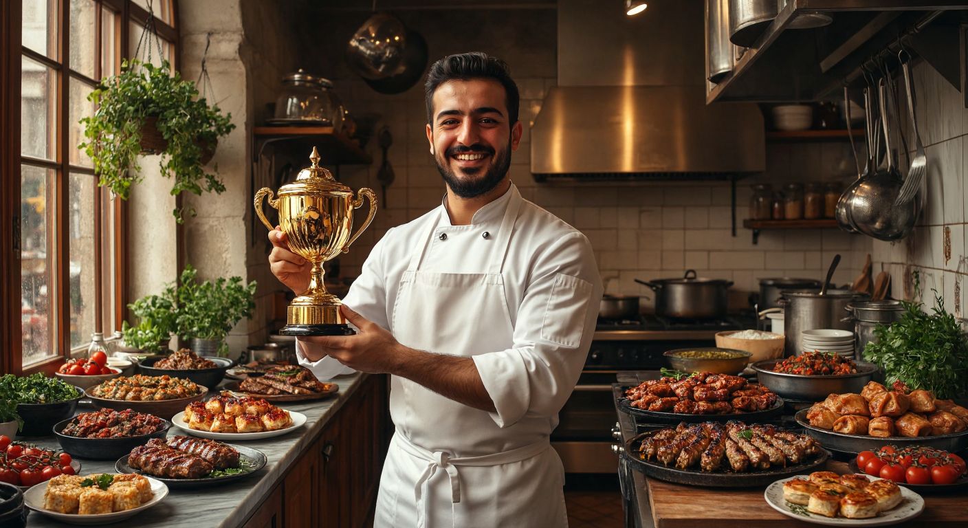 A confident Turkish chef in a crisp white apron stands proudly in a bustling kitchen, holding a golden trophy with a warm smile, surrounded by vibrant dishes like kebabs and baklava.