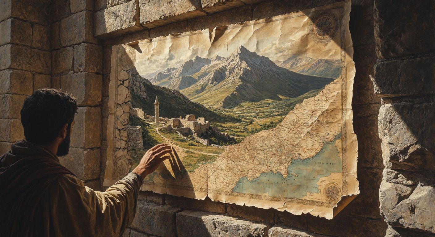 A weathered Turkish map unfurled over ancient ruins, with a scholar’s hand tracing the contours of a mountain range while sunlight casts long shadows across crumbling stone walls.