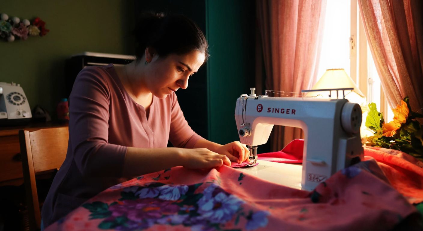 A Turkish woman in a cozy home sewing room carefully guides fabric under the needle of a Singer 3321 sewing machine, her focused expression reflecting determination as the machine creates an overlock stitch on vibrant floral fabric.