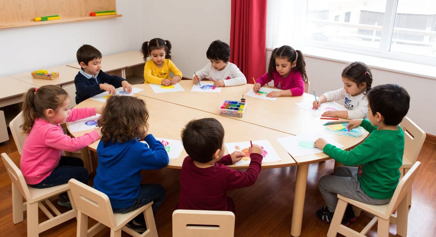 A group of young children sitting around a sturdy half-circle wooden table in a bright Turkish kindergarten, engaged in a collaborative art activity with colorful papers and crayons.
