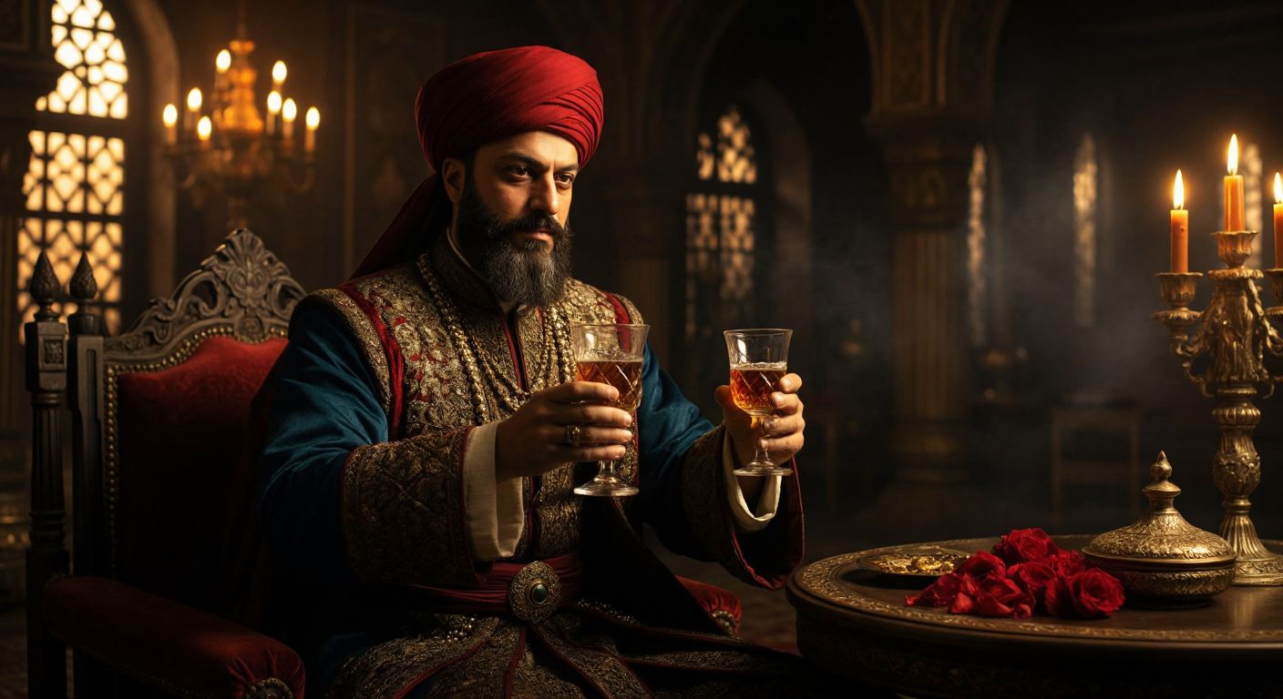 A dignified Ottoman-era sultan in a richly decorated palace chamber, holding a golden goblet filled with dark amber rum, surrounded by ornate furnishings and warm candlelight.