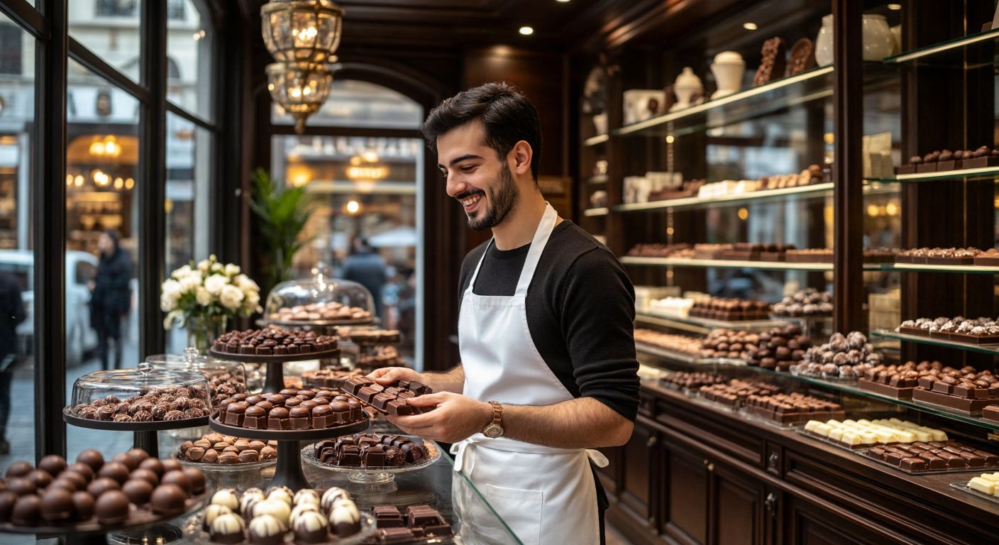 A cozy, upscale chocolate shop in Istanbul with elegant glass displays showcasing rich, handcrafted chocolates, a smiling chocolatier in a crisp white apron offering a sample, and customers savoring bites with delighted expressions.