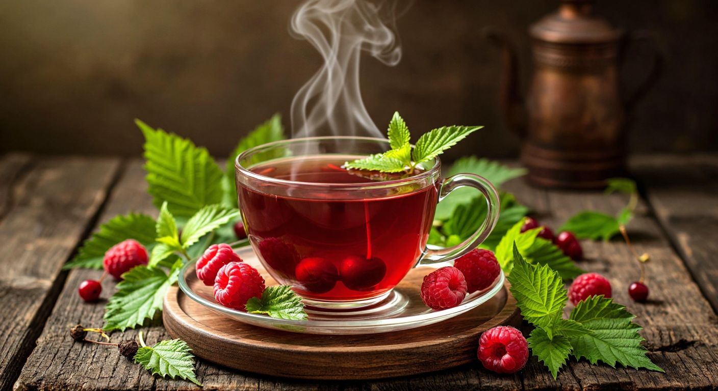 A steaming cup of cherry-stem herbal tea with vibrant tutti frutti aroma, surrounded by fresh ingredients like birch leaves, nettle, and raspberry leaves on a rustic wooden table in a cozy Turkish kitchen.