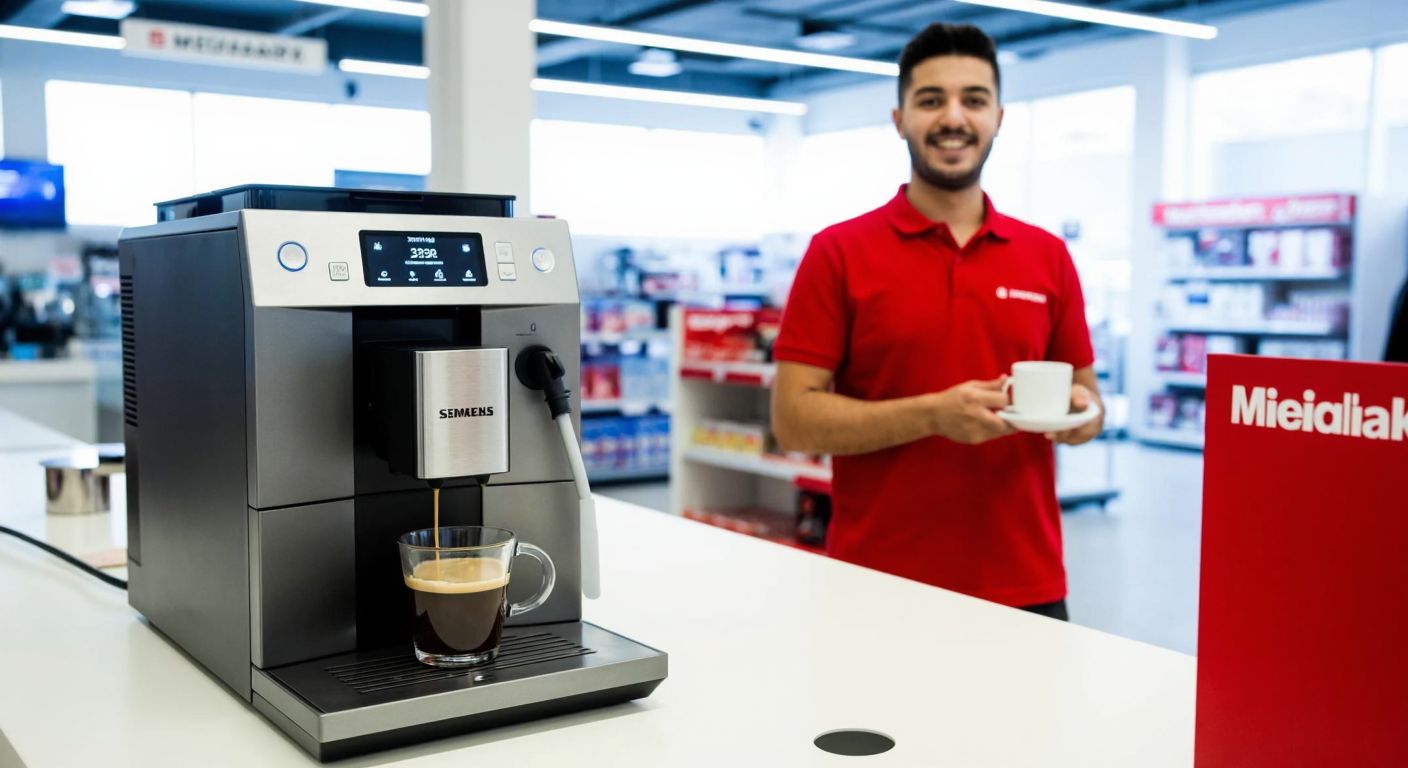A modern Siemens EQ700 coffee machine displayed on a sleek counter in a bright MediaMarkt store, with a smiling Turkish salesperson in a red uniform standing nearby, holding a freshly brewed cup of aromatic Turkish coffee.