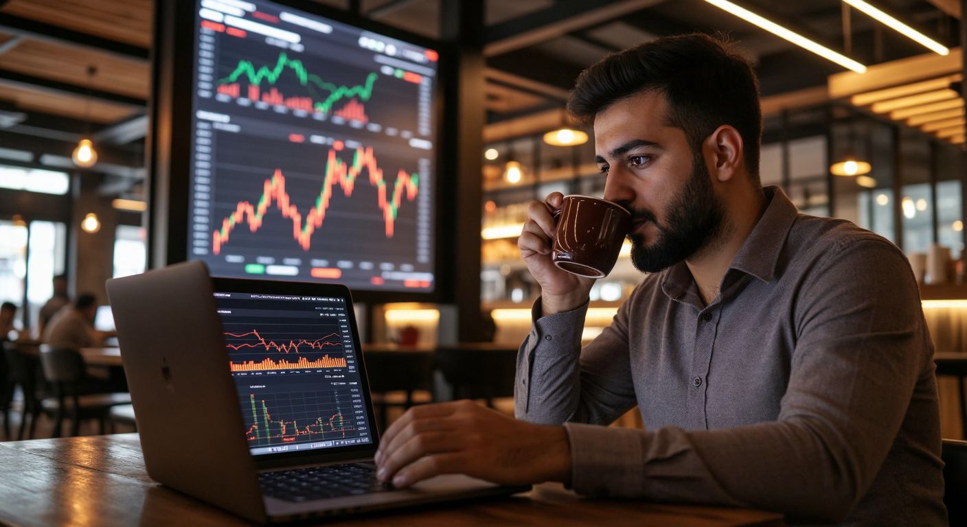 A focused Turkish trader in a modern café studies colorful candlestick charts on a laptop screen, sipping strong Turkish coffee while surrounded by financial graphs projected on the wall.