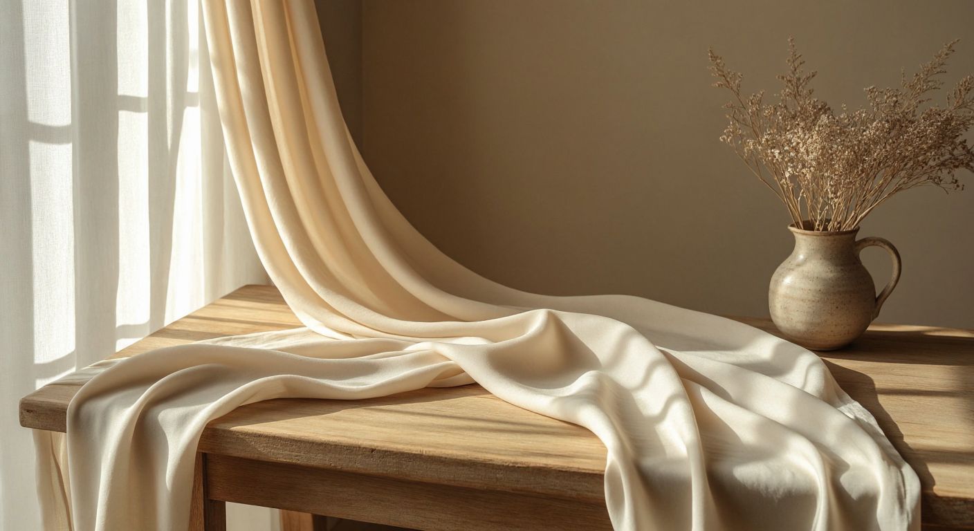 A smooth, flowing bolt of eco-friendly Tencel fabric in soft beige, draped elegantly over a wooden table in a Turkish textile shop, with sunlight filtering through its delicate weave.