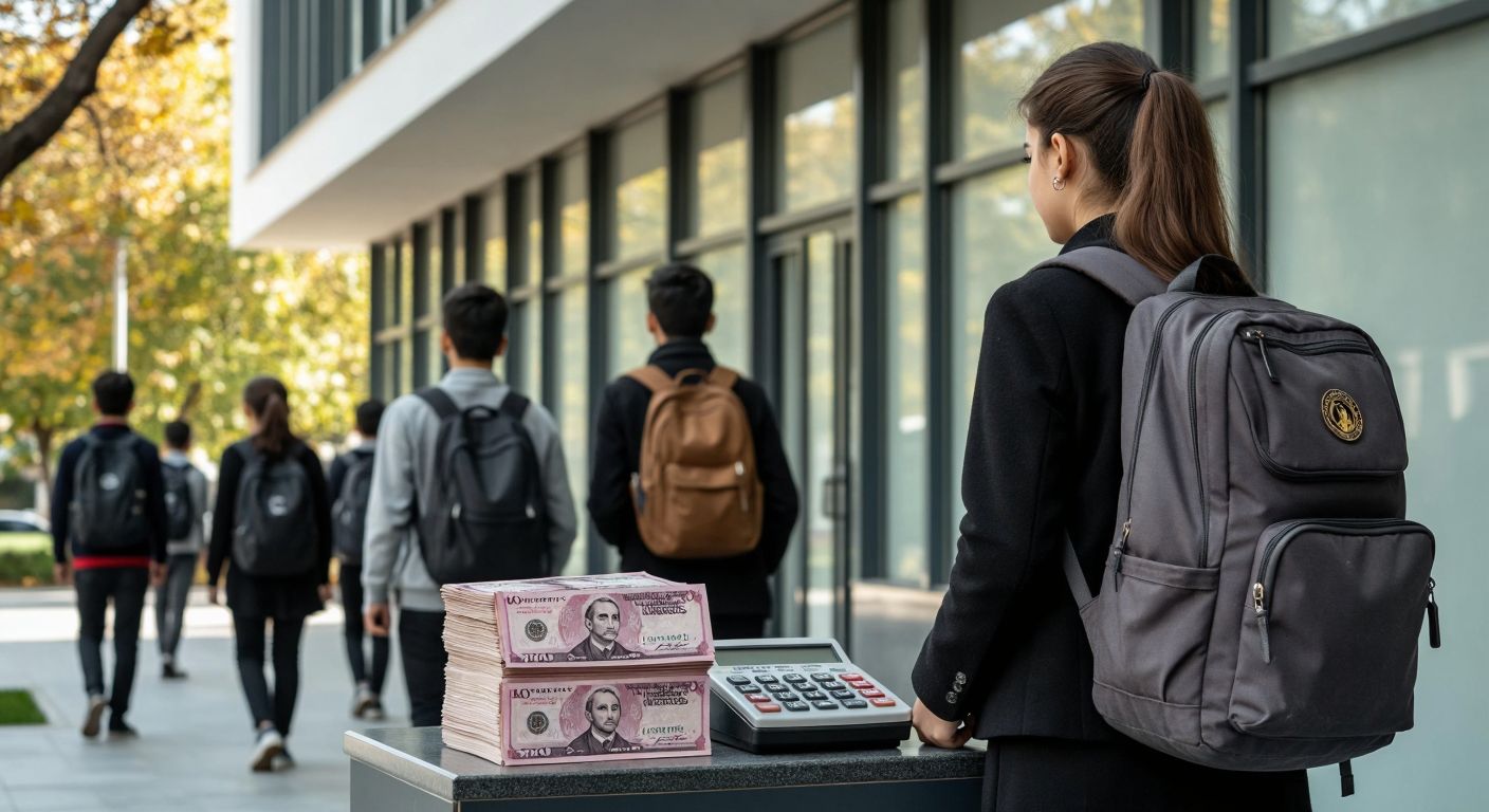 A modern Turkish high school building with neatly dressed students carrying backpacks, standing near a fee payment counter with a stack of Turkish lira banknotes and a calculator.