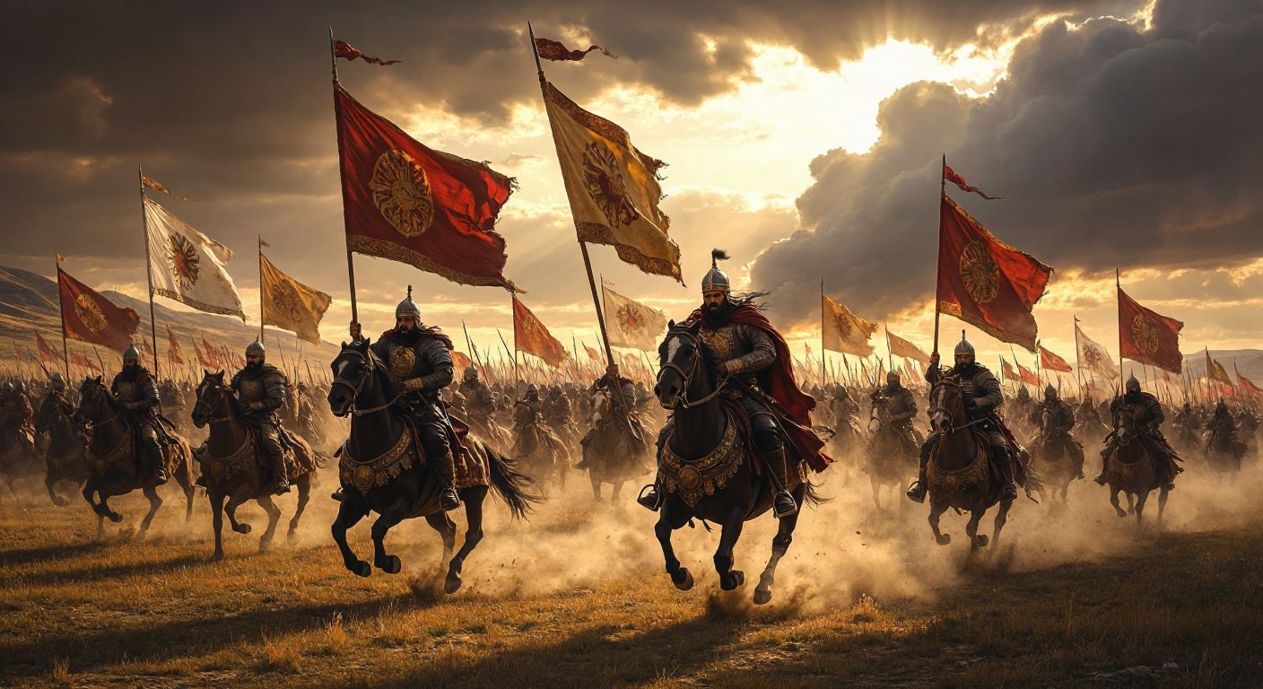 A vast, sunlit battlefield in eastern Anatolia, with armored Seljuk cavalry led by Alp Arslan charging against Byzantine forces amid swirling dust, their banners fluttering under a dramatic sky.