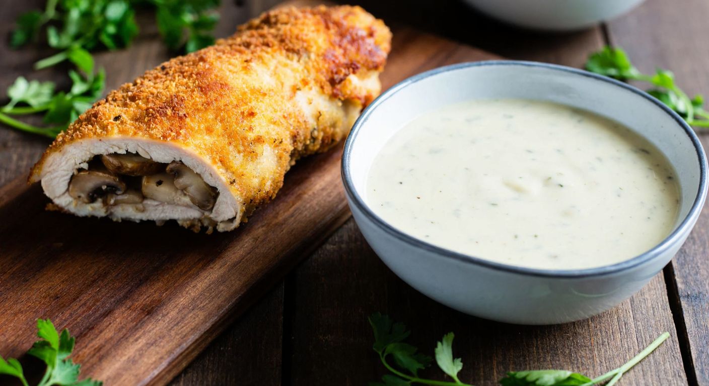A golden-brown, crispy rolled chicken breast stuffed with mushrooms and cheese, resting on a rustic wooden table beside a bowl of creamy béchamel sauce, with fresh herbs scattered nearby.