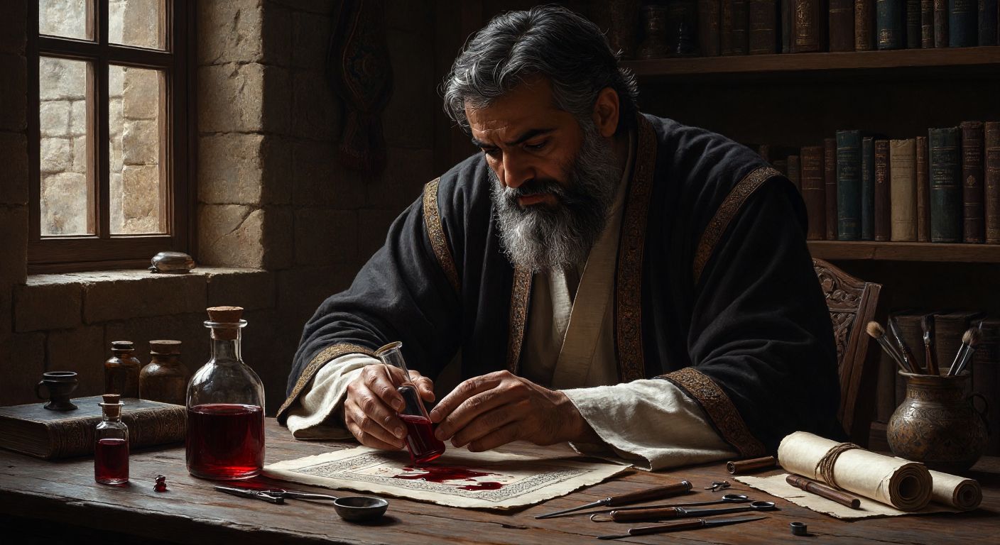 A bearded medieval Persian scholar in a dimly lit study, intently examining a glass vial of blood while ancient medical tools and scrolls lie scattered on a wooden table.  

*(Note: Since Avicenna was Persian, the description reflects his cultural context, not Turkey.)*