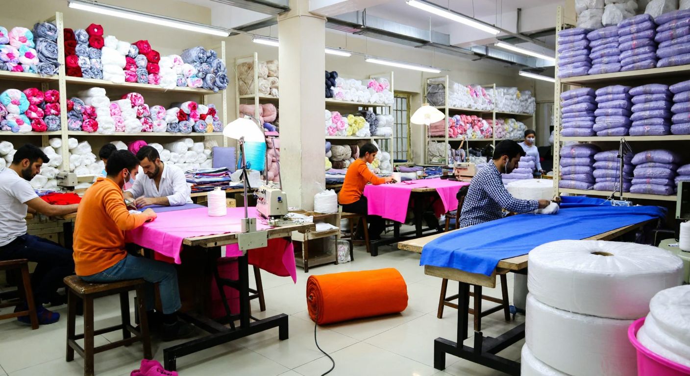 A bustling textile factory in Syria with workers sewing colorful fabrics, stacks of cotton bales nearby, and shelves filled with finished garments.