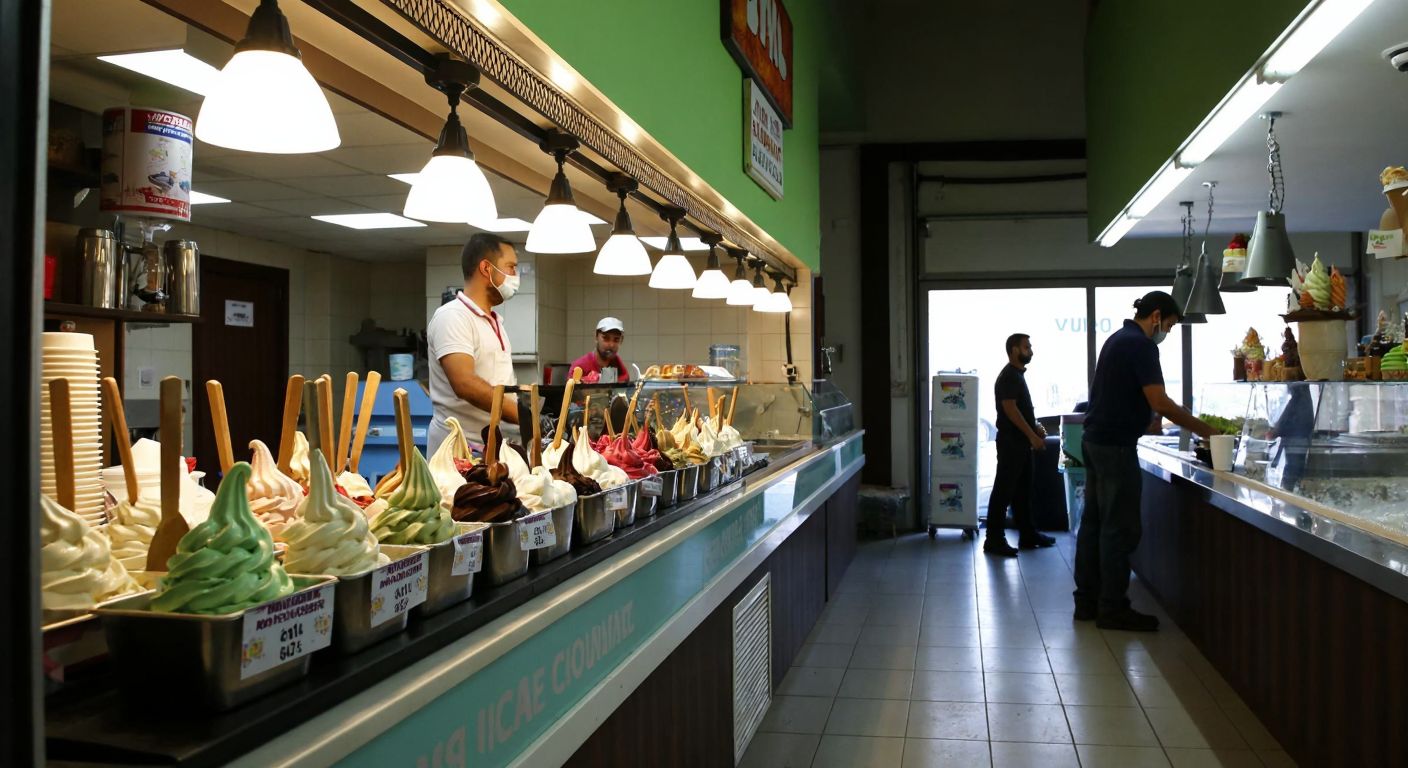 A bustling ice cream shop in Milas with colorful scoops of dondurma on display, while in the background, workers in an Istanbul warehouse maintain large industrial cooling units for storage.