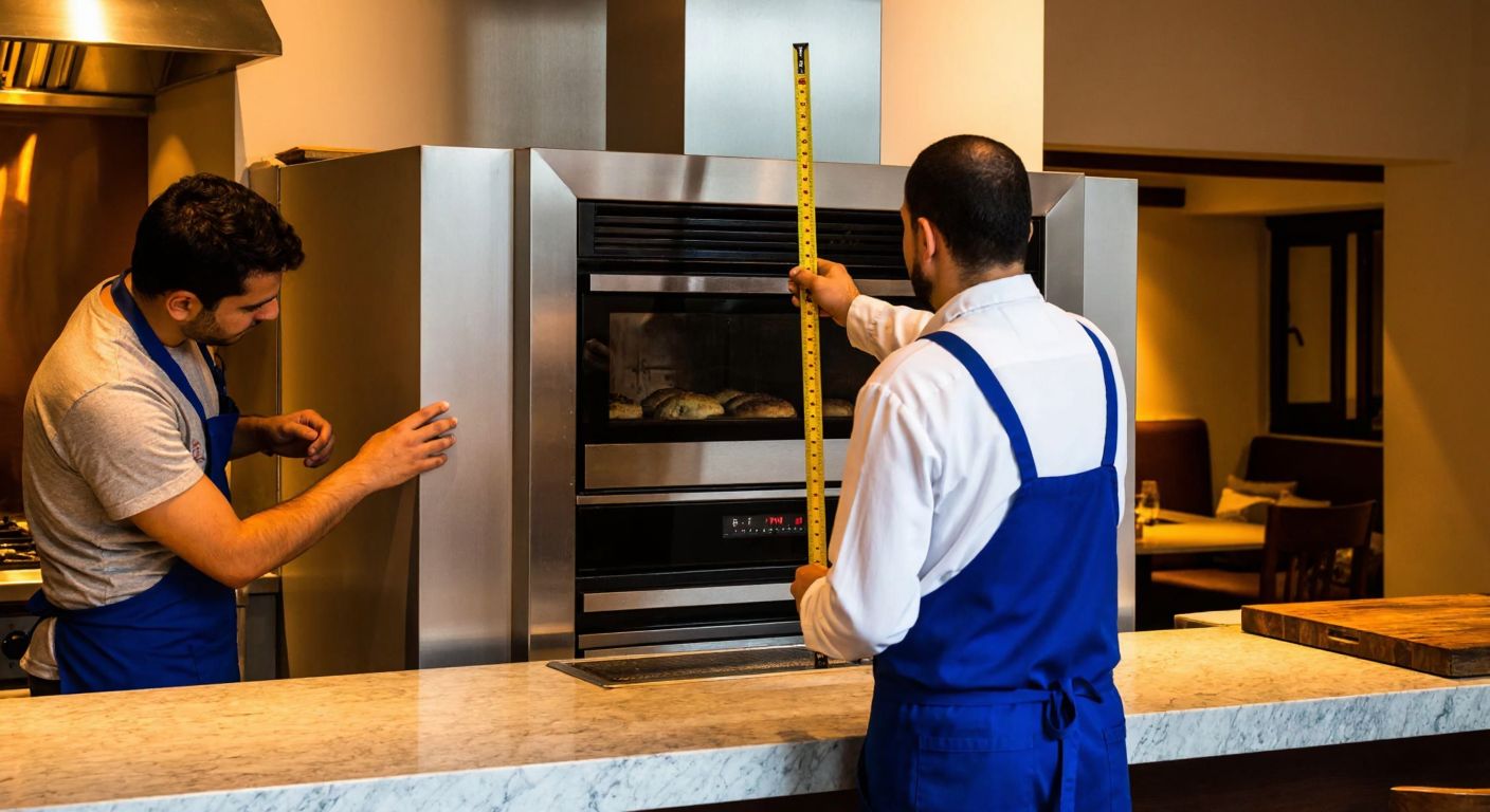 A person in a Turkish kitchen carefully measuring the height of a built-in oven with a ruler, while a professional in work clothes observes nearby, with warm lighting reflecting off the marble countertop.